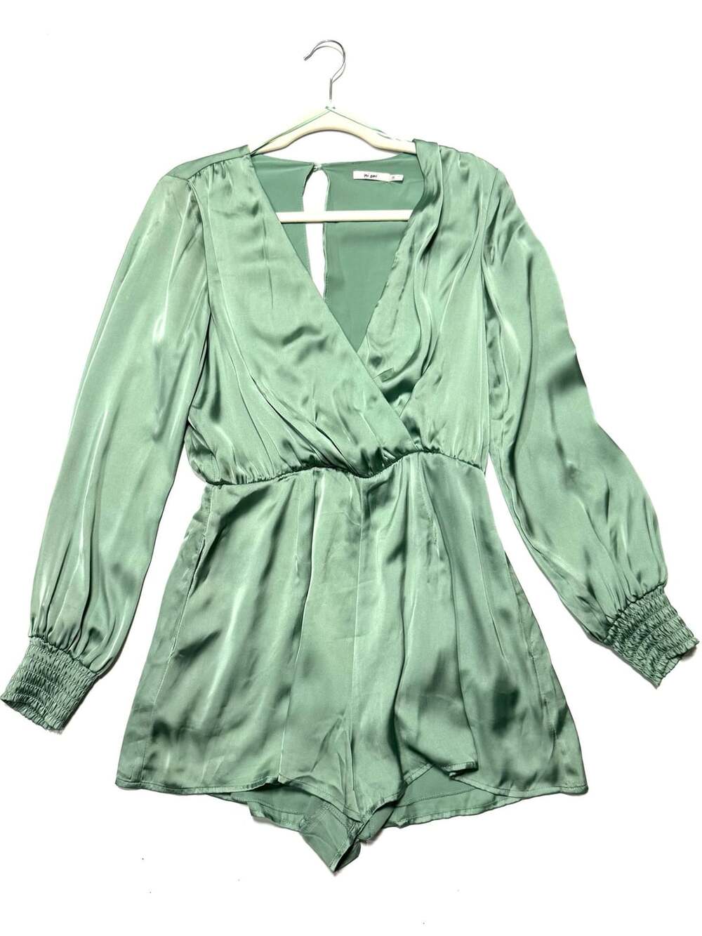 Mi Ami Women's M Sage Green Satin Romper Cottage-Glam Quiet Luxury Coquette Soft